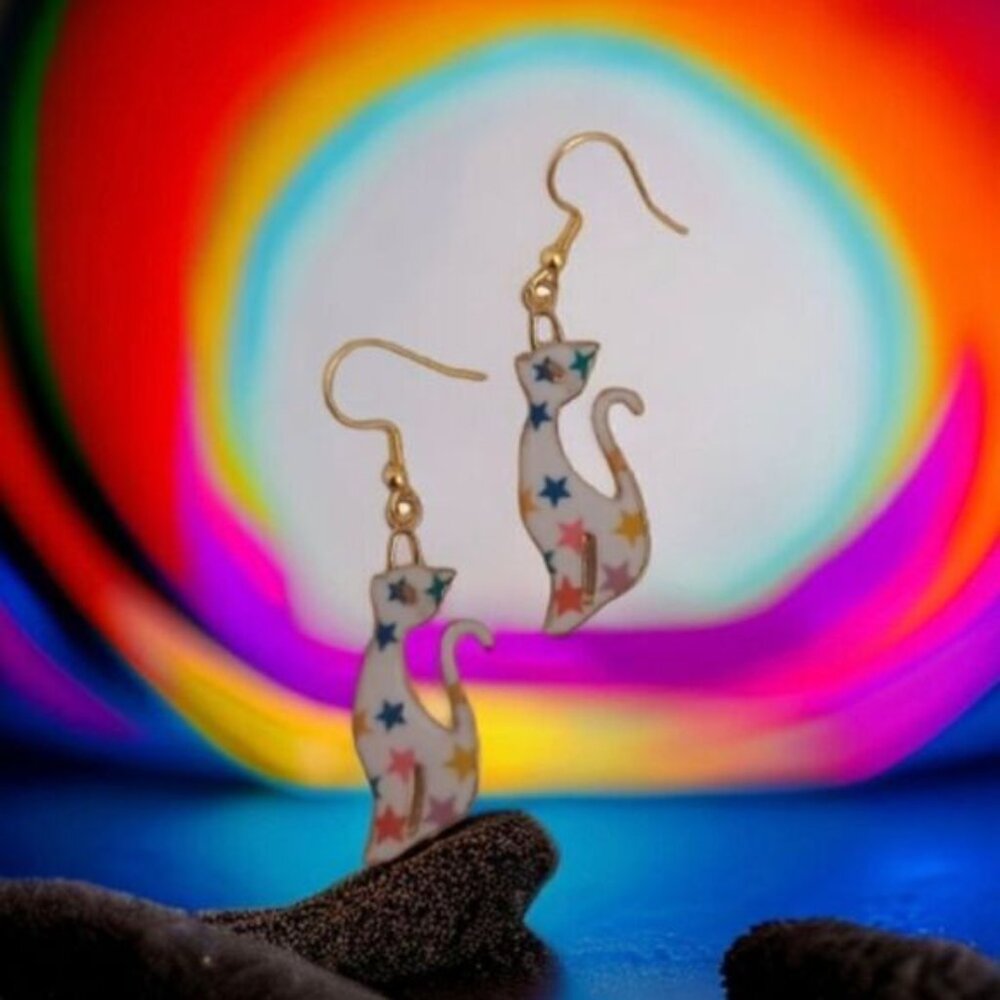 Cat Design Colorful Stars Pattern Kitty Earrings - Picture 7 of 7
